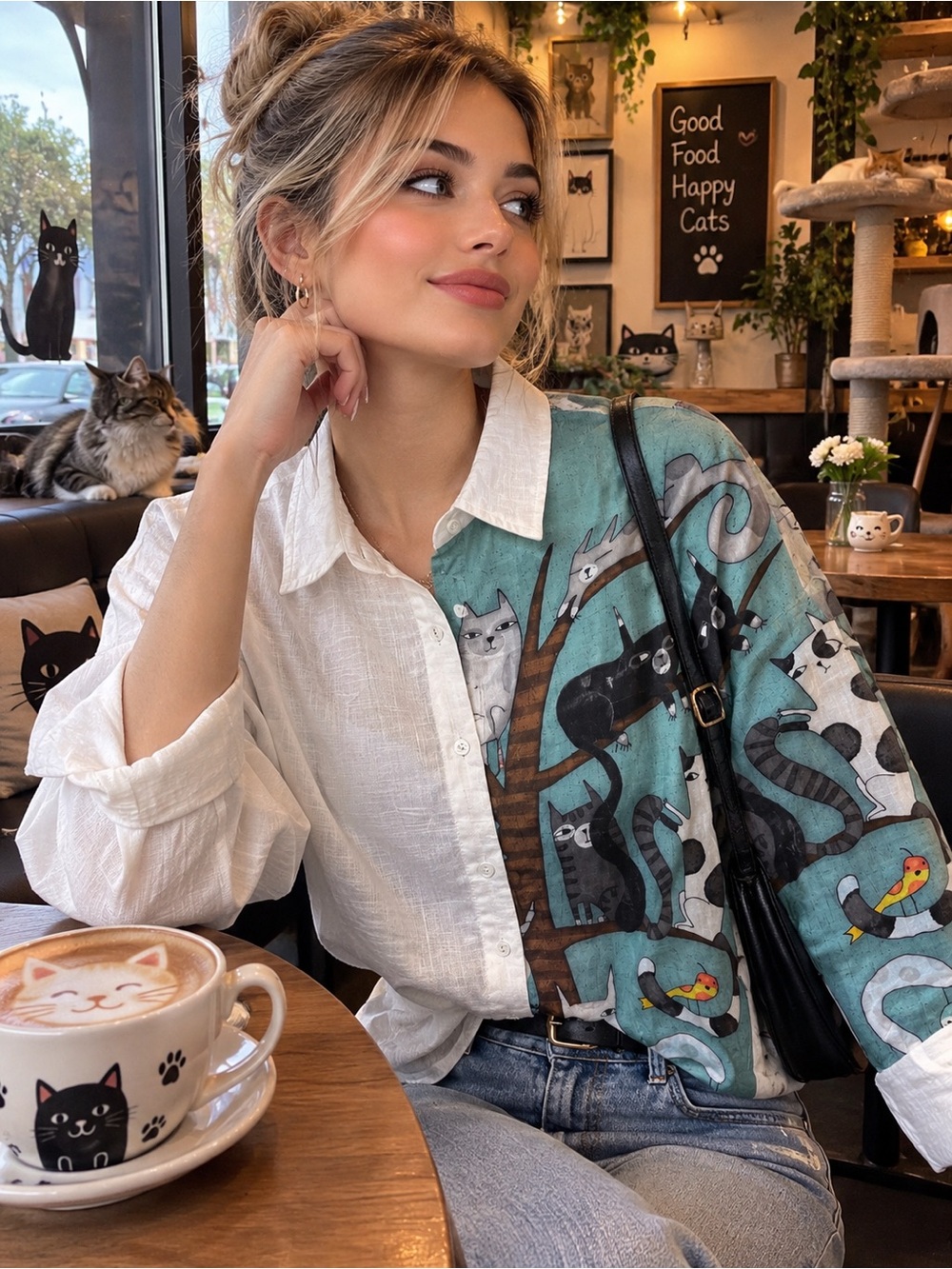 New Cat Print Teal Button-Up Shirt – size small & Medium